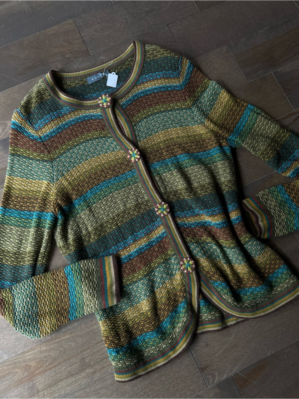 Koret Olive & Teal Striped Knit Cardigan with Floral Buttons